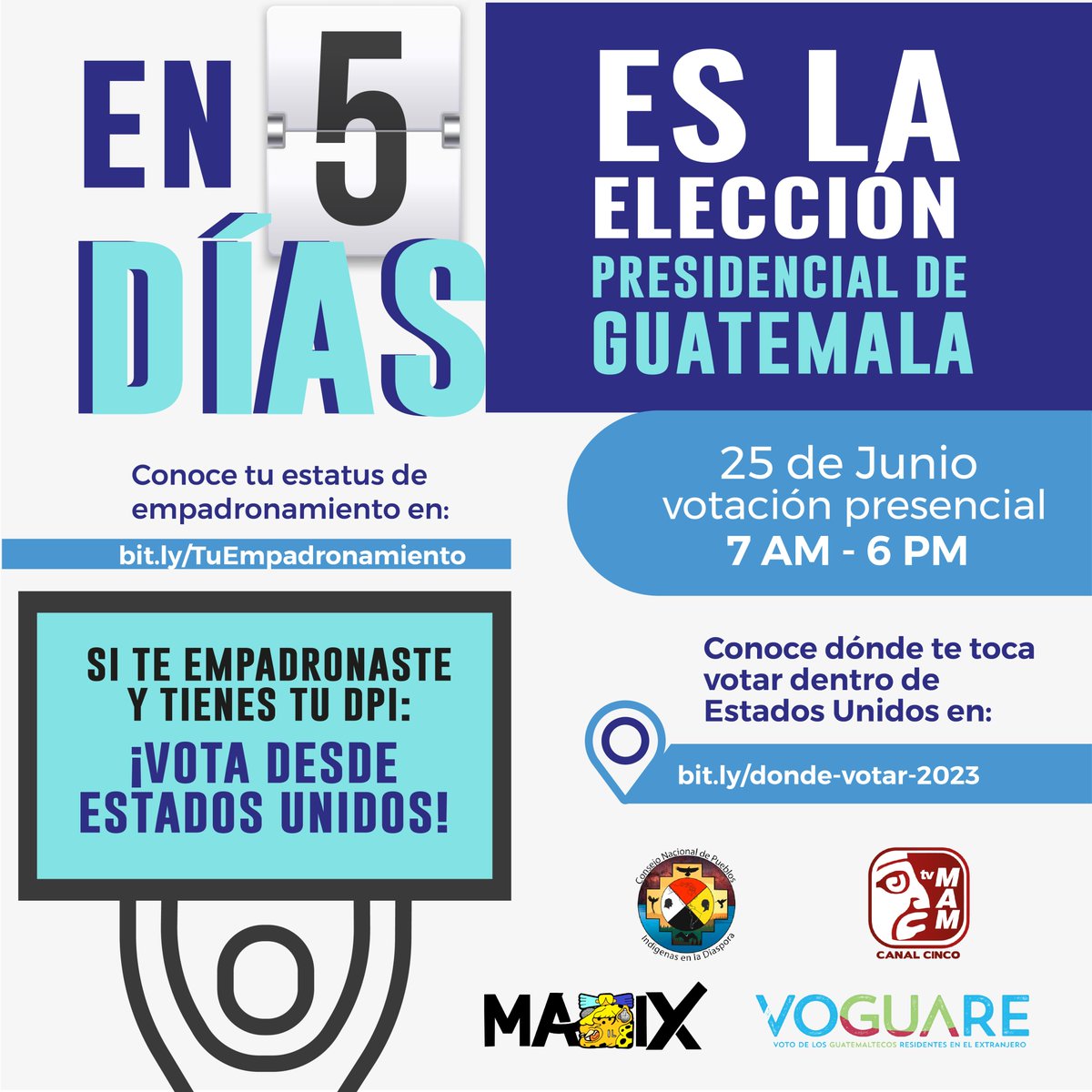 📢✨ Unidos, podemos marcar la diferencia en el destino de nuestra amada #Guatemala. Este es nuestro llamado, la oportunidad de dejar una huella imborrable en la historia de nuestra nación 📜🇬🇹

📍🗳️ Conoce dónde te toca votar en: bit.ly/donde-votar-20…

✅🗳️ Conoce tu estatus