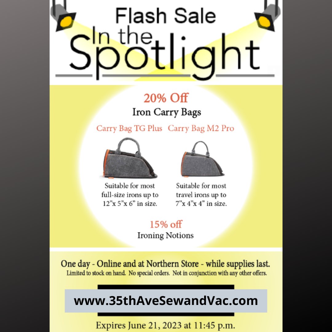 Visit 35thAveSewandVac.com to shop today's 1-Day Flash Sale!

#35thavesewandvac #sewing #quilting #fabric #fabrics #embroidery #notions #flashsale #onlinesale #greatdeals #fabricshop #fabricstore