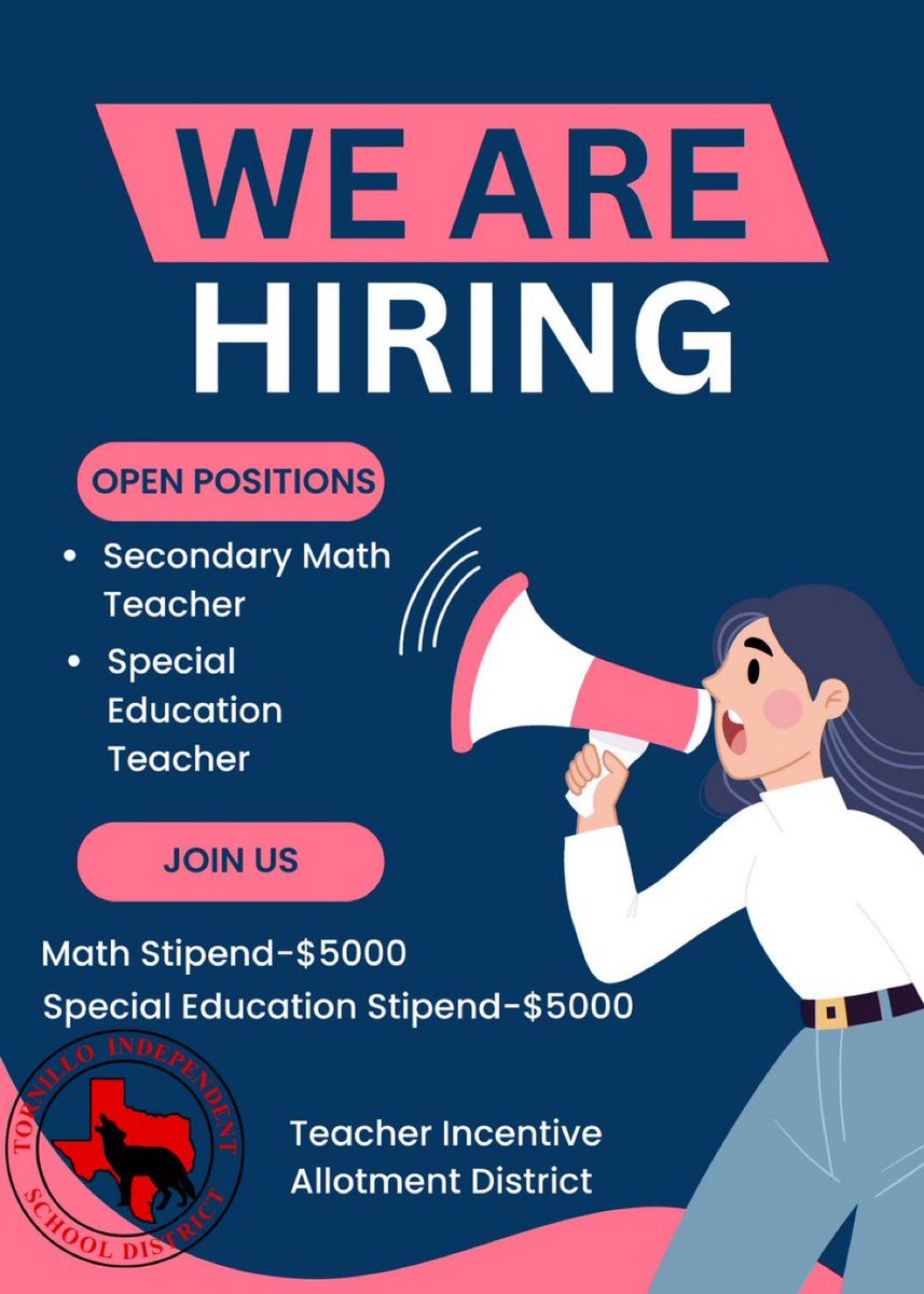 Tornillo ISD is looking for an amazing Co-Teach Special Education Teacher for the 23-24 School Year! Come and be part of an amazing community, team, and enjoy the low number of contact service hours! #TISDProud Apply Here 
👉 tinyurl.com/tisdcareers