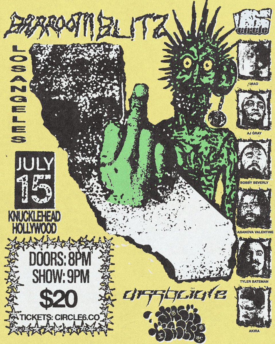 🚨 LOS ANGELES 🚨

July 15 - Barroom Blitz @ KnuckleHead
ft. <a href="/xinomaox/">MAO</a> <a href="/BobbyBeverly/">TheBev</a> <a href="/RichHomieJuice/">Aj Gray</a>  <a href="/BlackDeathCas/">Casanova Valentine</a> <a href="/theakiraway/">AKIRA the VAGABOND</a> w/ music from <a href="/jackknifelahc/">JACK-KNIFE</a> &amp; <a href="/dissociatehc/">DISSOCIATE</a> // GET IN THERE 

🎟️ bit.ly/C6BarrooomLA