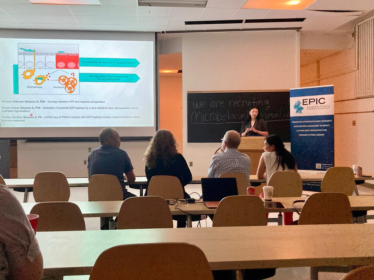 grayowenlab's tweet photo. What a fantastic two days of talks at #IDMicro2023 organized by @microbe_to x @UofTEPIC! 

A little recap on some of our amazing trainees that attended:
Dr. Cynthia Guo (@c_x_guo) shared her work on TIFA's role in intestinal immunity... https://t.co/3ZTHi0ZB3O