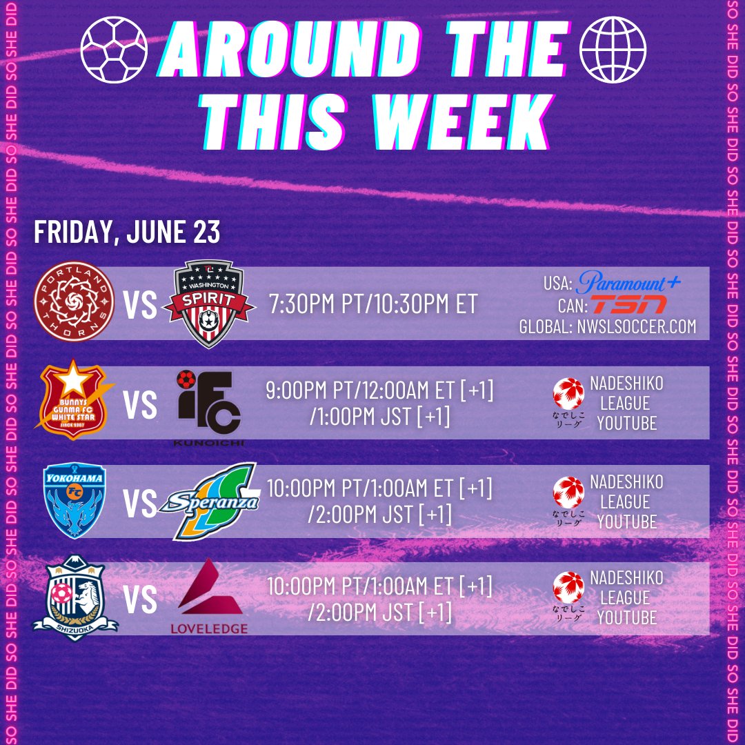 SoShxDid's tweet photo. โ๏ธIt's the time again! Footy Friday with a dash of the top of the @NWSL table clash and finish off the evening with #NadeshikoLeague!
๐บ๐ธ๐ฏ๐ต๐ณ๏ธโ๐๐ณ๏ธโโง๏ธ
#WhatToWatch #NWSLAfterDark #ShePlaysHere #LoveWhoYouWantAndWatchWomensSports https://t.co/apm5eREii9