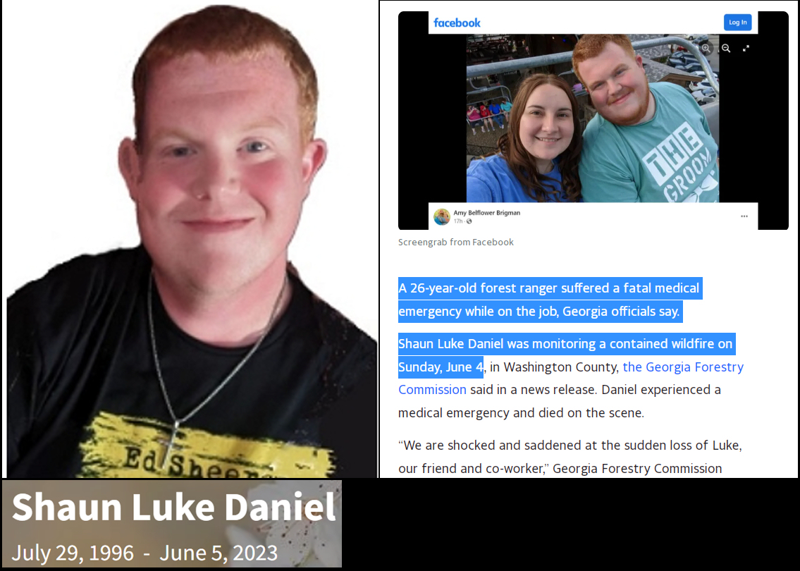 Dublin, GA - 26 year old forest ranger Shaun Like Daniel had a medical emergency while on the job (monitoring a contained wildfire) & died suddenly on June 5, 2023

Should have an autopsy staining for COVID-19 mRNA vaccine spike protein in the heart

#DiedSuddenly #cdnpoli #ableg