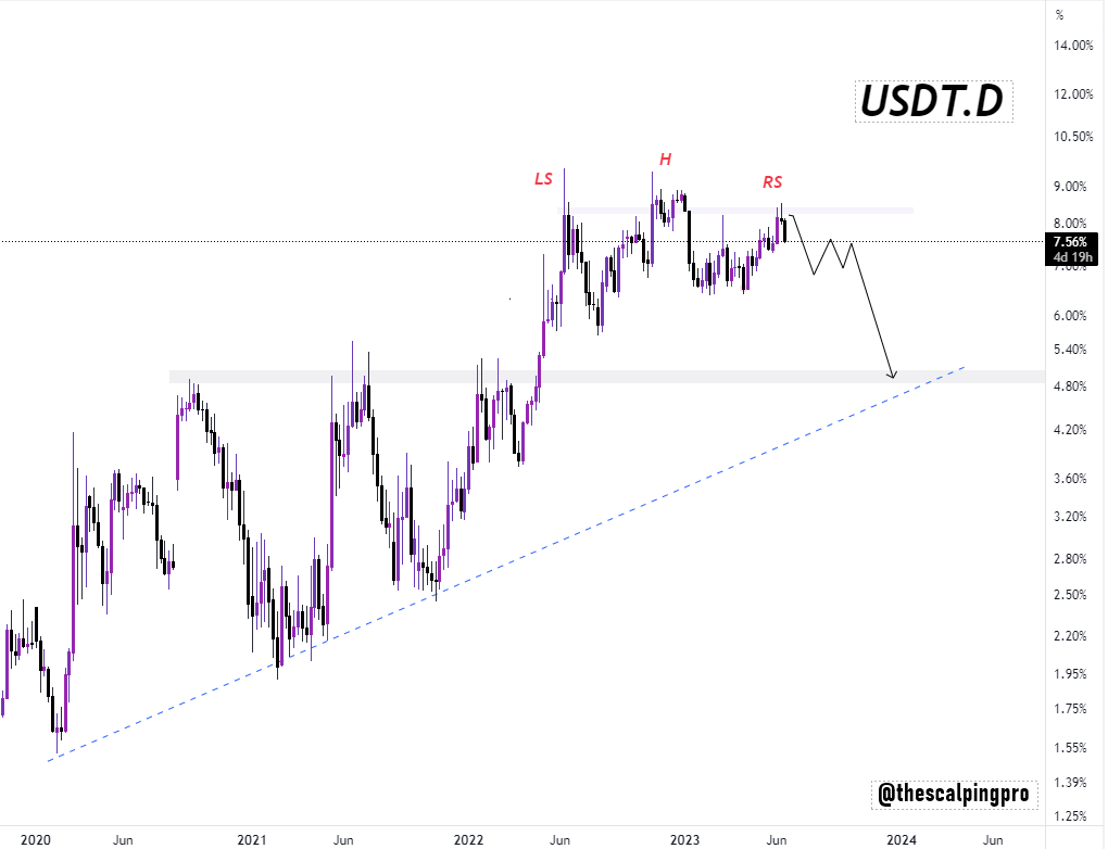 thescalpingpro's tweet photo. $USDT.D is printing a massive H&amp;S pattern, suggesting a possible top🧐

USDT.D Down 📉 = Crypto Up 📈 

#crypto #cryptocurrency https://t.co/RRM0JPi7qz