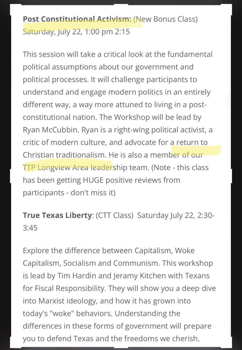 Upcoming Christian Nationalist Workshop in Granbury. First time I’m seeing them admit the goal is a post constitutional return to Christian traditionalism.