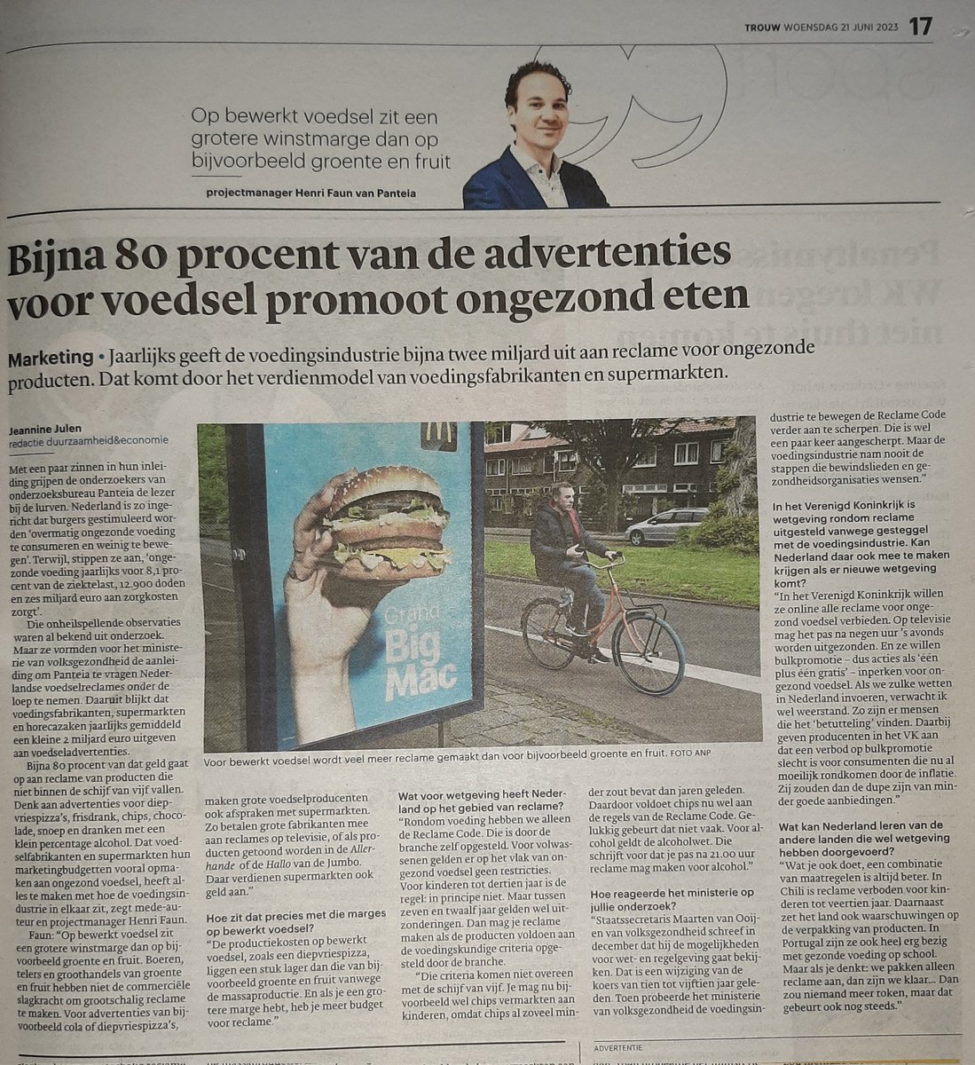 Vandaag in <a href="/trouw/">Trouw</a>: bijna 80% van advertenties voor voedsel promoot ongezond eten.
Nederland is zo ingericht dat burgers gestimuleerd worden overmatig ongezonde voeding te consumeren.
Dat wisten we al &amp; er verandert weinig <a href="/Panteia/">Panteia</a> #voedselomgeving #supermarkt #voeding