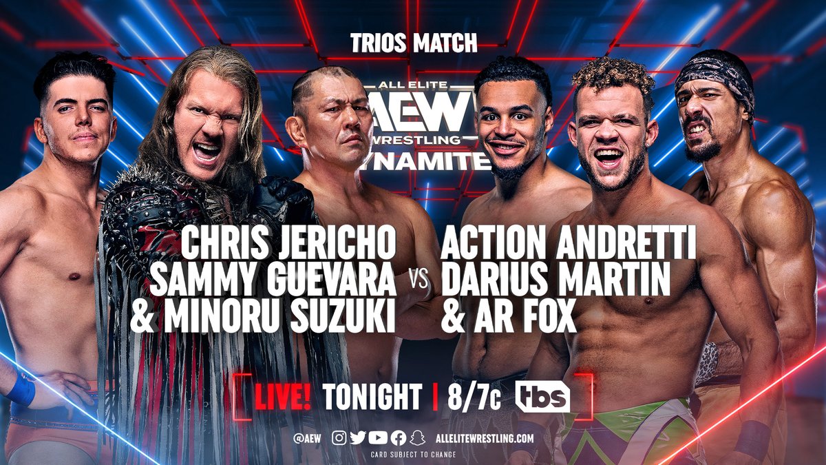#JAS’ @IAmJericho & @sammyguevara team with @suzuki_D_minoru to face the team of @actionandretti, @dariusmartin612, and @arealfoxx in trios action THIS WEDNESDAY!

Don't miss Wednesday Night #AEWDynamite LIVE from Chicago at 8pm ET/7pm CT on @tbsnetwork!