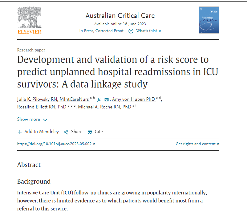 ANZICS (@anzics) on Twitter photo Can you predict unplanned readmissions using the standard Registry data? <a href="/JuliaPilowsky/">Julia Pilowsky</a> <a href="/Rozmelliott/">Rosalind Elliott</a>
sciencedirect.com/science/articl… Can you predict unplanned readmissions using the standard Registry data? <a href="/JuliaPilowsky/">Julia Pilowsky</a> <a href="/Rozmelliott/">Rosalind Elliott</a>
sciencedirect.com/science/articl…