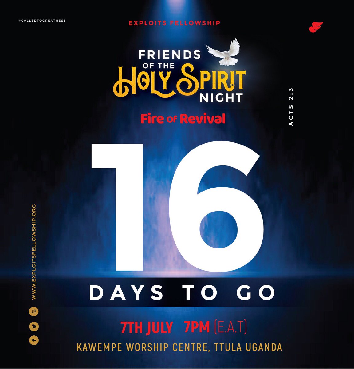 Good morning #FriendsOfTheHolySpiritNight we have 16days to go and make this happen. We invite each and everyone to attend and have an encounter with the Precious Holy Spirit.
#ExploitsFellowship
