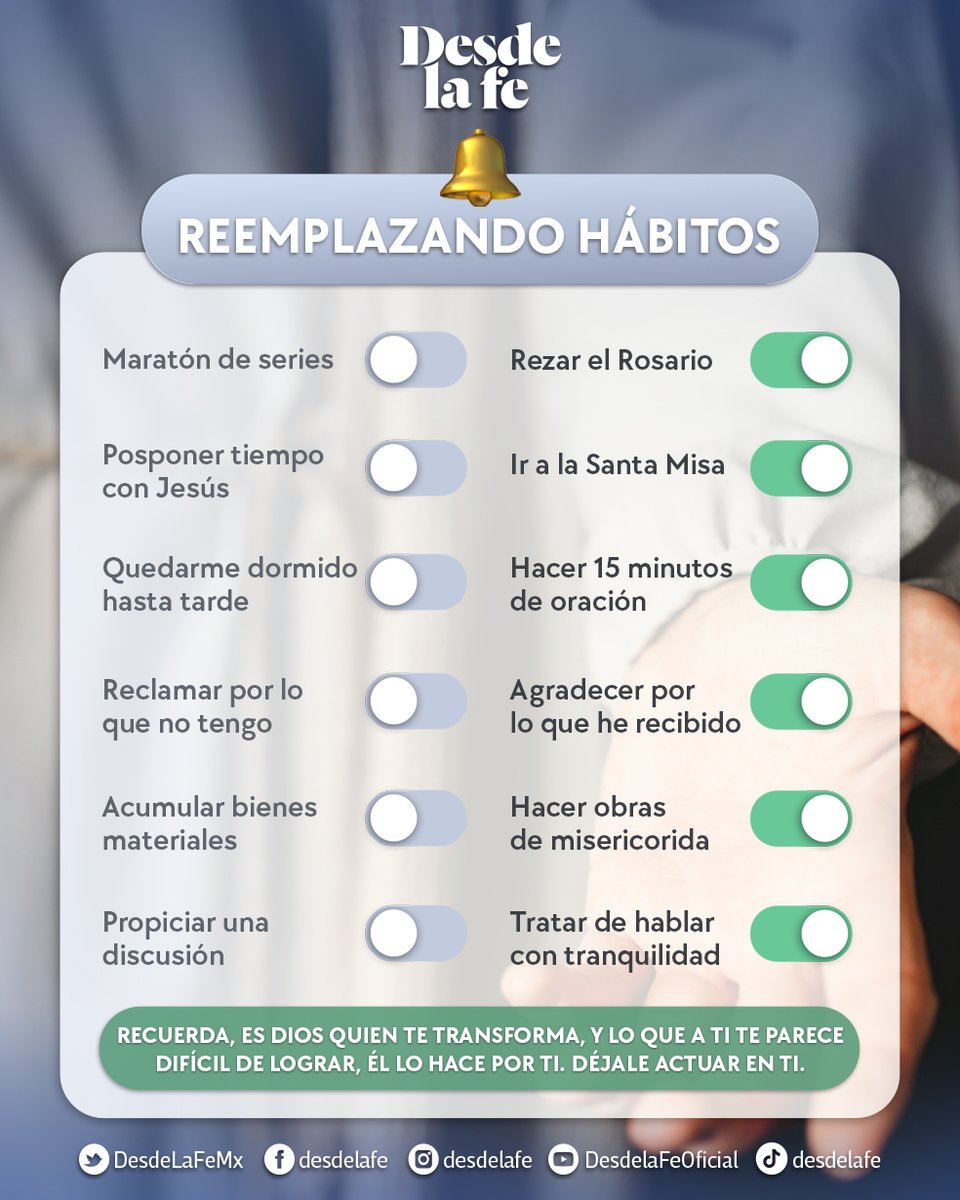 DesdeLaFeMx's tweet photo. Cambiar nuestros hábitos, por otros que sean mejores para nosotros, puede llevarnos tiempo y podríamos enfrentar obstáculos en el camino, pero recuerda que Dios se hace presente y nos da su fuerza para lograrlo. 😉 ¿Por qué no empiezas por estos? https://t.co/Vw7FfDrCJE