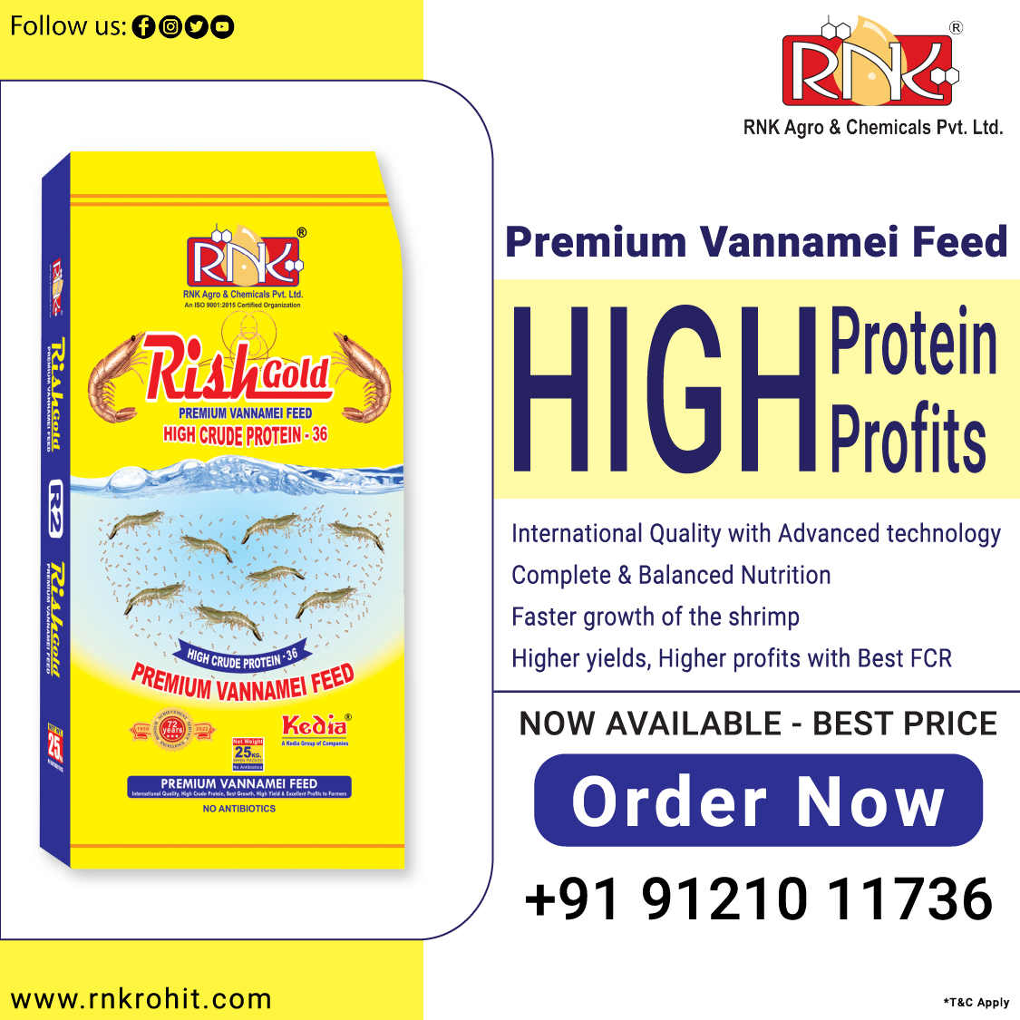 Rish Gold Premium Vannamei Feed
For order, Contact: 91210 11736
Feed Benefits:
International Quality | Complete & Balanced Nutrition
Faster Growth | Higher yields | Higher Profits | Best FCR
#shrimpfeed #animalfeed #aquaculture #aquacultureindustry #aquafeed #aquafeedsolutions