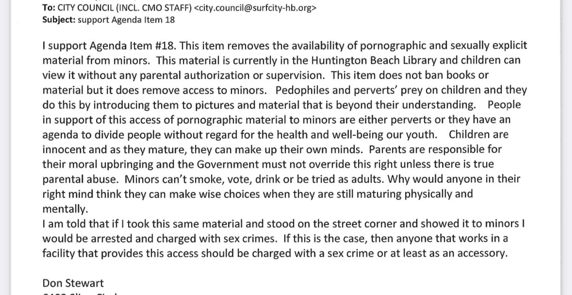 Just a few examples of the type of people who wrote in to support Gracey’s Library Book Agenda Item. 
#HuntingtonBeach #citycouncil