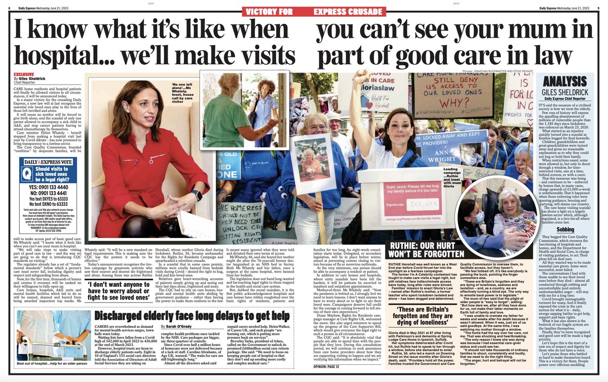 Excl: The key role families perform for those in care is recognised as CQC told to make 'visiting part of good care in law'. Care homes & hospitals restricting access will be named, shamed & barred from top ratings @KirstieMAllsopp @CareRightsUK @ProfKarolSikora @RuthieHenshall