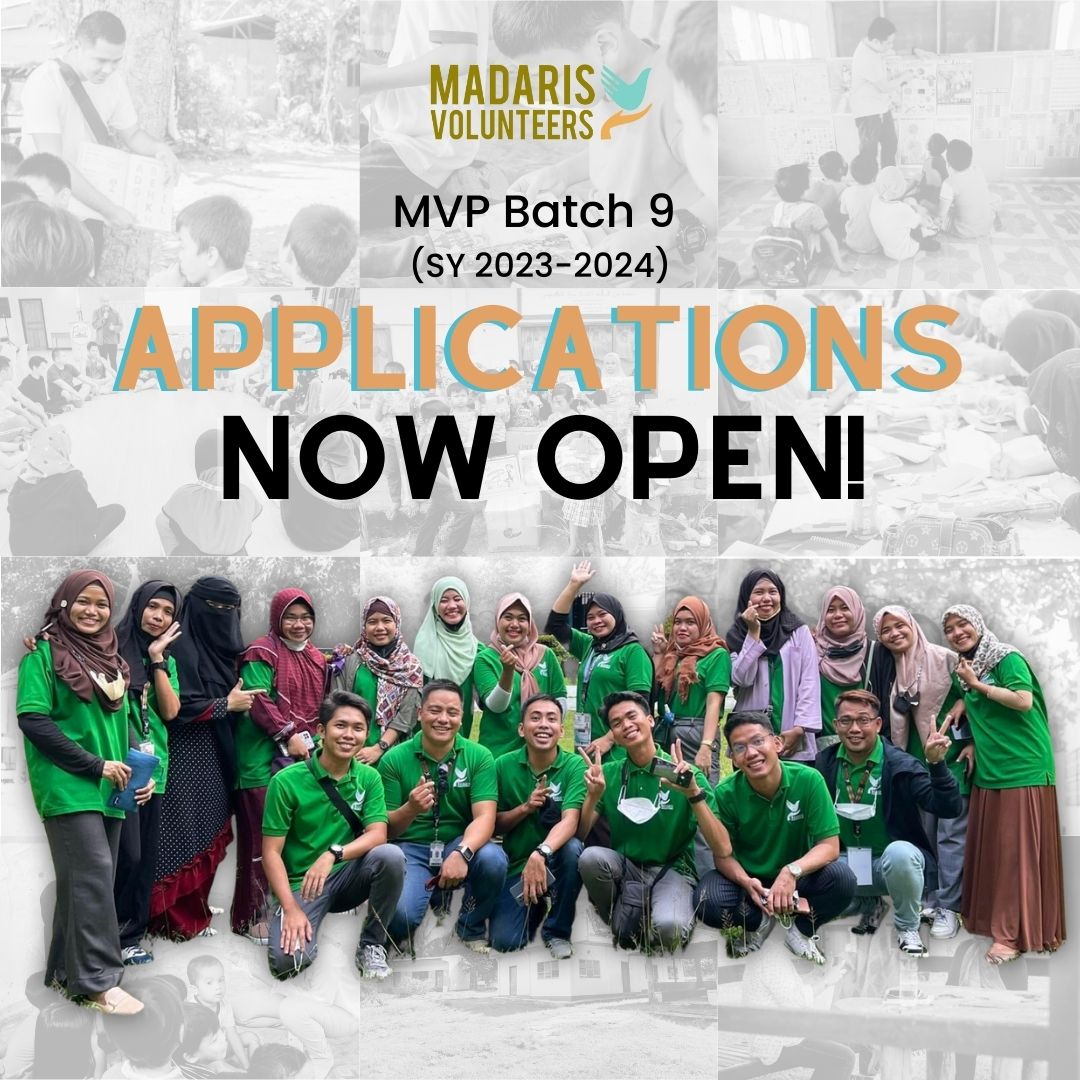 teachmadaris's tweet photo. CALL FOR VOLUNTEERS | The MVP'S application for the 9th batch of Madaris Volunteers for School Year 2023-2024 is now open!⁣ We extend this invitation to everyone interested in sharing in our interfaith mission of peacebuilding through education. 
#madarisvolunteers #volunteerism https://t.co/GUxwMrE6I1