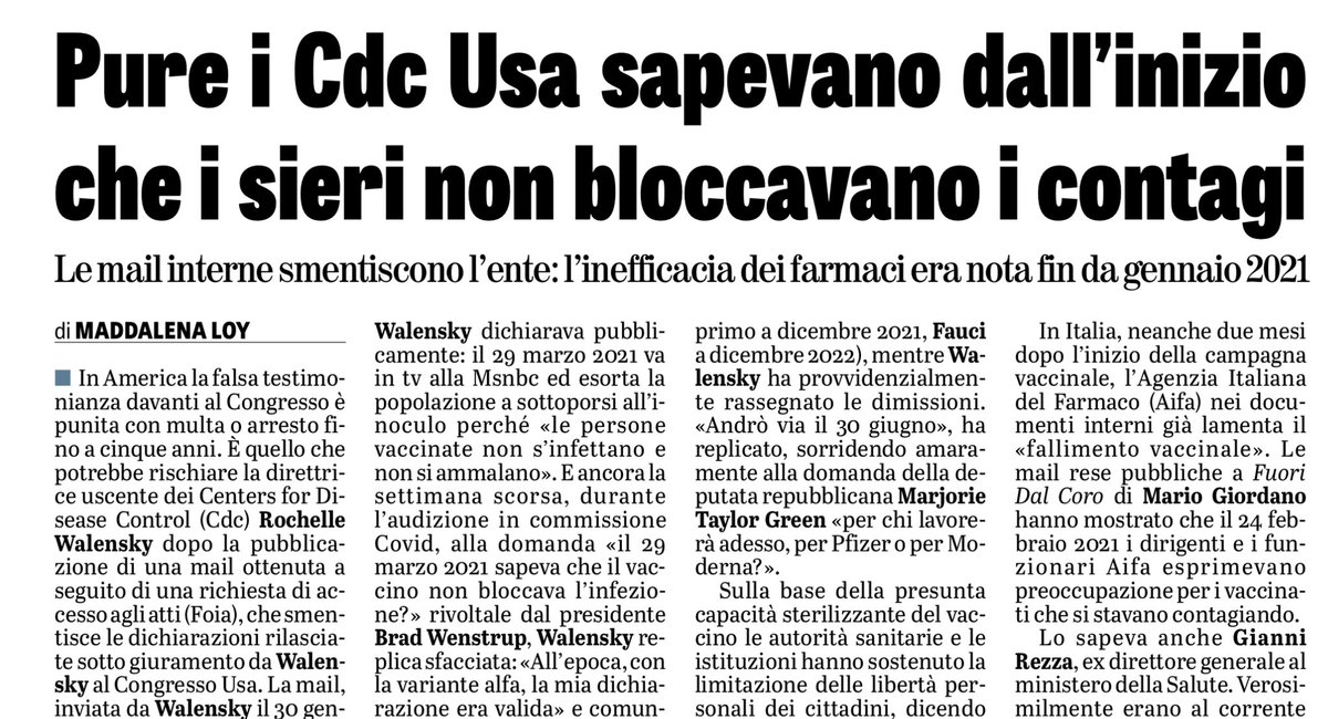 Che i vaccini non impedissero il contagio era certo già un mese dopo l’inizio della campagna vaccinale: la “pistola fumante” è una mail del 30/1/21 della direttrice dei Cdc americani Walensky; anche Aifa lo sa da febbraio 2021. Obblighi e greenpass imposti su un falso scientifico…