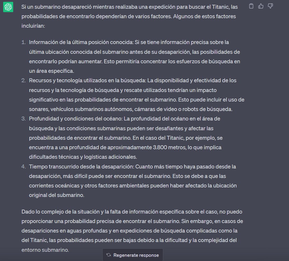 ElTioWeby's tweet photo. Por si a nadie se le ocurrió preguntarle, dice ChatGPT que el submarino Titan OceanGate perdido en el Atlántico buscando el Titanic básicamente no va a ser encontrado 😮 https://t.co/AagKgynIuW