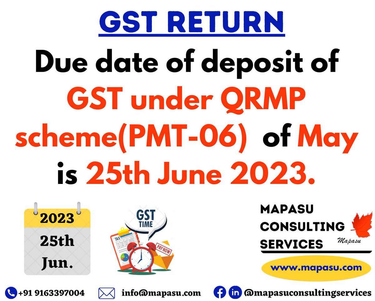 Due date to deposit GST under QRMP scheme(PMT-06)
#gst #gstupdates #gstregistration #gstreturns #gstreturnfiling #gstr #gstr3b #gstfiling #gstr1 #pmt #06