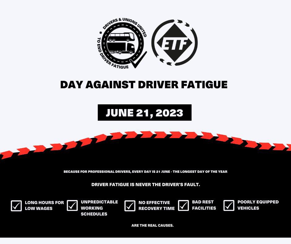 ETF_Europe's tweet photo. 📌21 June - the longest day, but for professional drivers, every day is!
🔛We're launching the 1st Day Against Driver Fatigue in Europe to highlight this crucial issue in road transport. 🚚💤
💪We demand better working conditions.⤵️
🔗https://t.co/oGLZcwTEWt
#enddriverfatigue https://t.co/4omYPQ6ANp