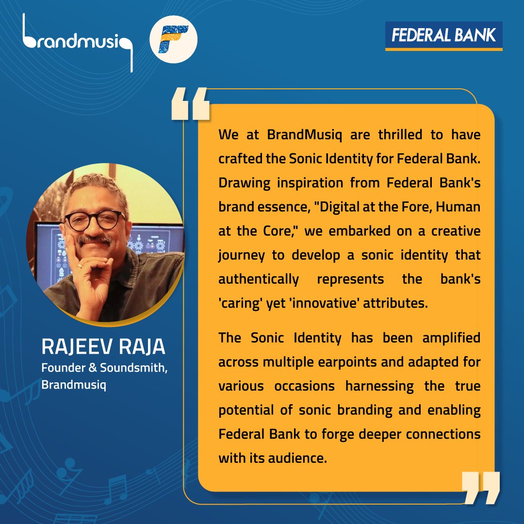 FederalBankLtd's tweet photo. On this World Music Day, we take time to thank @BrandMusiq, Mr. Rajeev Raja and team for crafting a masterpiece for Federal Bank.
#MusicalLogo #FederalBank #SonicIndentity #Branding @rajeevbrndmusiq https://t.co/IKdTNxDaX5