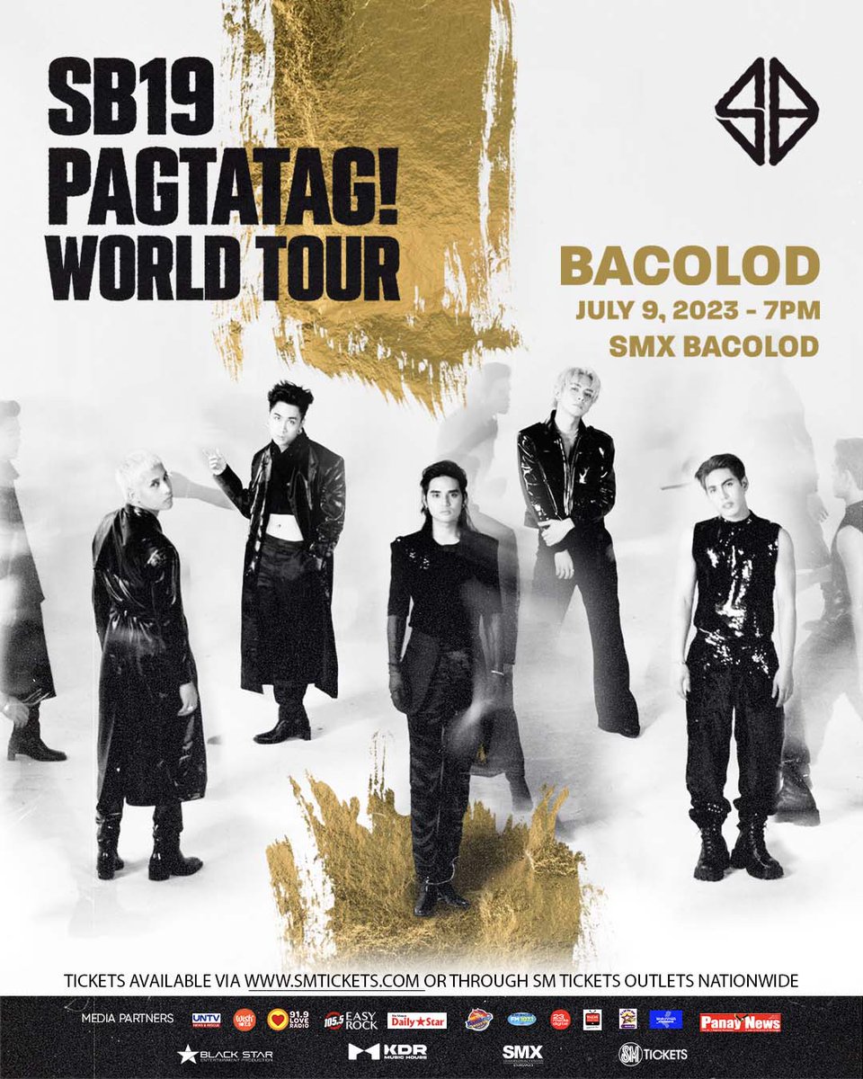 Don’t miss Pinoy-pop supergroup SB19 in their upcoming #PAGTATAGWorldTourBacolod on July 9, 2023 at SMX Bacolod!

Get your tickets via smtickets.com/events/view/12… and SM Tickets outlets nationwide.