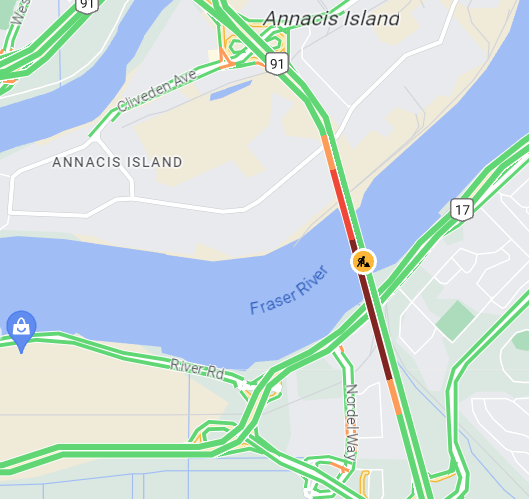 ⚠️ #AlexFraserBridge Southbound vehicle incident at the south end has it reduced to a single lane. Expect delays due to congestion. #DeltaBC #RichmondBC #BCHwy91