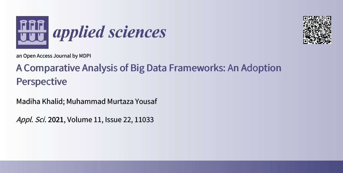 Applsci's tweet image. 📢 Read our review paper
📚 A Comparative Analysis of #BigDataFrameworks: An Adoption Perspective
🔗 mdpi.com/2076-3417/11/2…
👨🔬 by Ms. Madiha Khalid et al.
🏫 @PU_OfficialPK
#SpecialIssue
mdpi.com/journal/applsc…
#openaccess #mdpiapplsci @MDPIEngineering