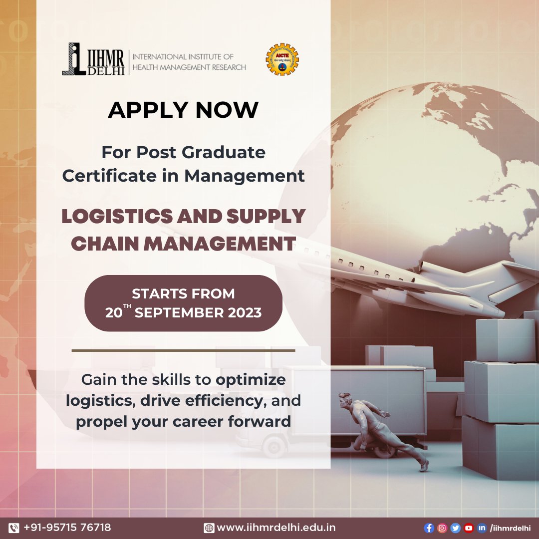 IIHMRDelhi's tweet photo. Start your career in logistics and supply chain management with IIHMR Delhi's AICTE approved Post Graduate Certificate program. Join us on Sept 20, 2023, and unlock endless opportunities.
Secure your spot now!
Call us at +91-9571576718 for more information.
#IIHMRDelhi #PGCM https://t.co/N942AgE9qW