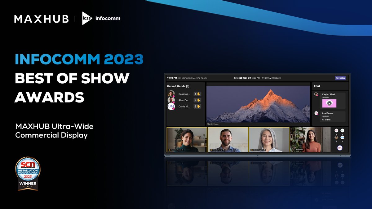 🏆 Exciting news! #MAXHUB's 105-inch Ultra-Wide Commercial Display has won the #InfoComm2023 SCN Installation Awards!

With its expansive display & cutting-edge technology, it revolutionizes the way businesses communicate and collaborate.