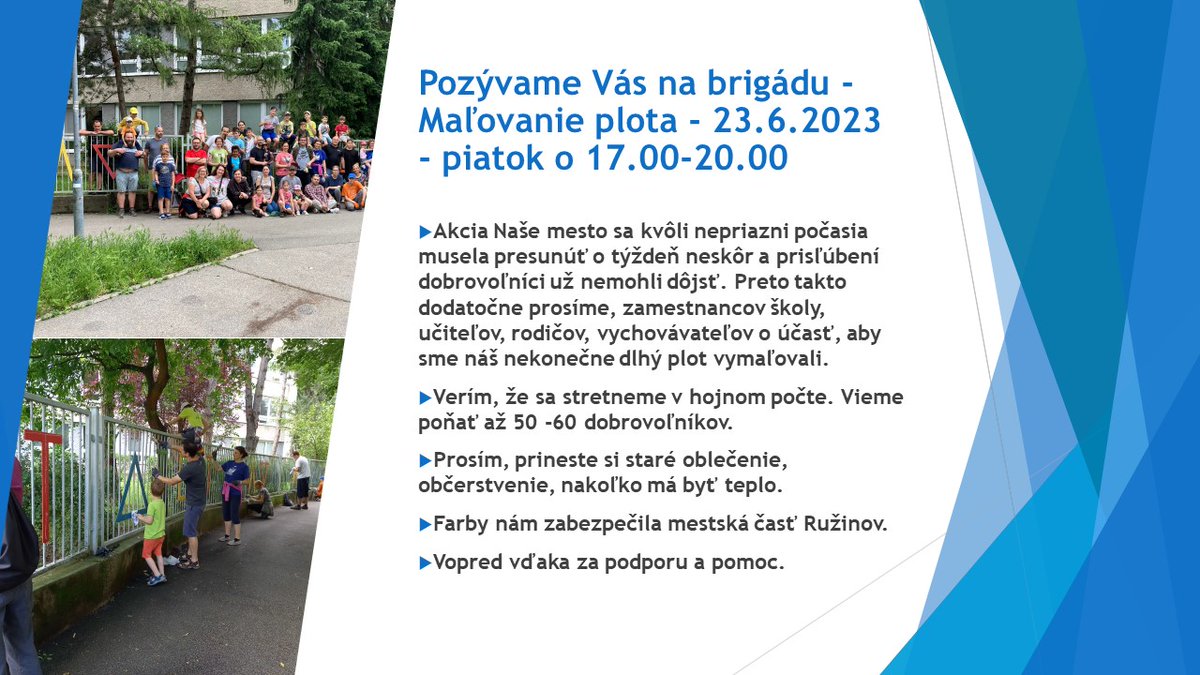 OZ Vincentínum pozýva všetkých na brigádu – maľovanie plota už pozajtra v piatok 23. júna 2023  v čase od 17. do 20. hodiny. Nadviažeme ňou na predošlé brigády z 10. júna: vdp.sk/2023/06/12/nas… + z 11. mája a 8. júna: vdp.sk/2023/06/18/bri… Tešíme sa na stretnutie s vami!