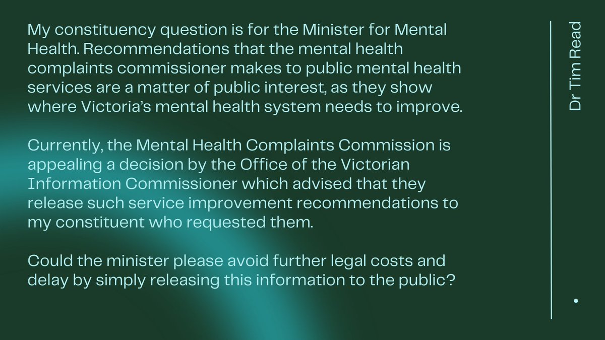 Thank you to <a href="/TimRRead/">Dr Tim Read MP</a> for asking this important question. Currently I am due to go to court after the MHCC is appealing an OVIC decision.

This is costing all of us time &amp; money.

Just release the data. 

It's in the public interest. 

Let's get on with making a better system.