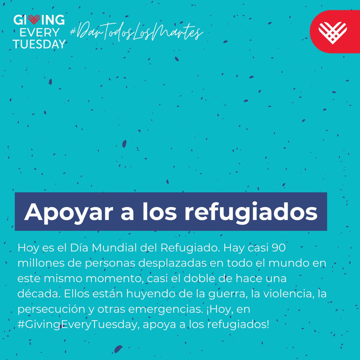 Hoy es el Día Mundial del Refugiado. Según <a href="/UnitedNations/">TB</a>, hay casi 90 millones de personas desplazadas en todo el mundo en este preciso momento, huyendo de guerras, violencia, persecución y otras emergencias. ¡Para el #GivingEveryTuesday de hoy, apoya a los refugiados!