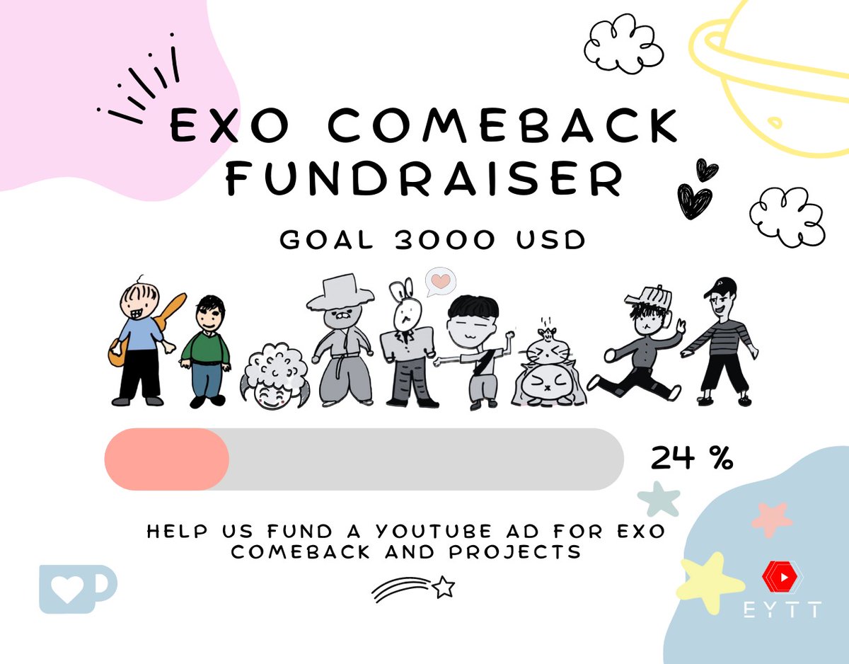 💰 YT ad fundraiser update 💰

We're still at 24% of our goal! If you can/wish to contribute, you can:

1- check our amazing raffle prizes and buy a ticket, or
2- donate directly to our ad fundraiser.

You can donate here
🔗 ko-fi.com/exolyoutubetea…

<a href="/weareoneEXO/">EXO</a> #EXO