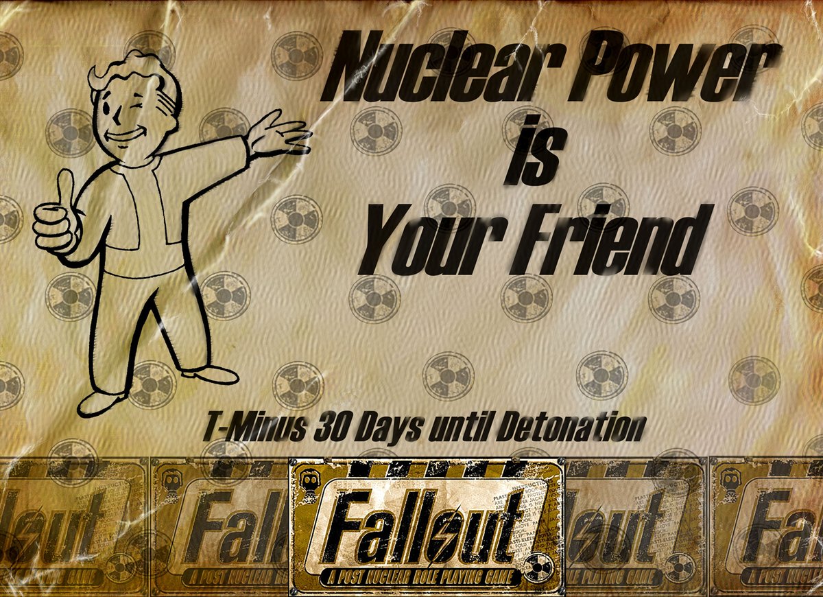 thefalloutwiki's tweet image. Pictured: Front and back sides for a promotional postcard given out in anticipation for the release of the original Fallout.

“Nuclear Power is Your Friend”