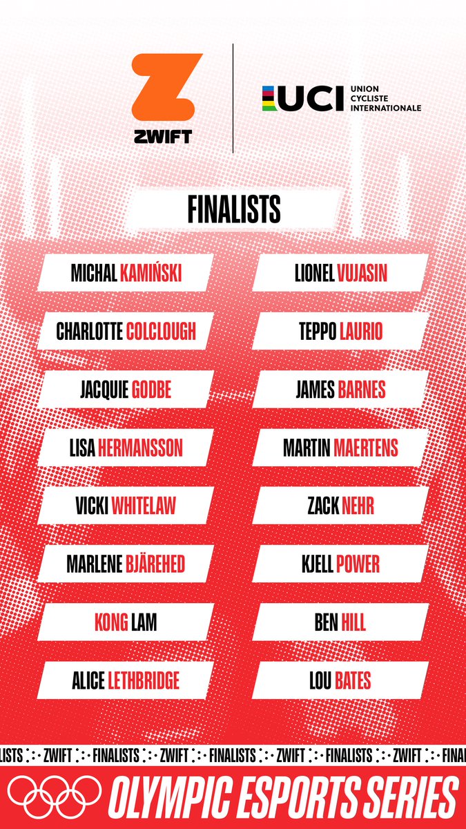 Riding their way to the #OlympicEsportsWeek, here are the finalists for the Cycling competition! 🚲

#OlympicEsportsSeries

<a href="/GoZwift/">Zwift</a> | <a href="/UCI_cycling/">UCI</a>