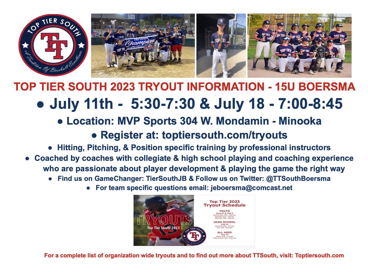 15U Tryouts…limited roster spots & PO spots available. Message w questions or if you need an alternative tryout date.