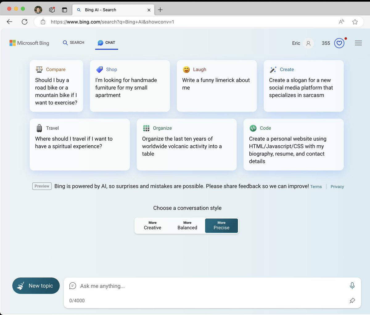 I think <a href="/bing/">Bing</a> chat is testing out a new 'Welcome' interface

I like the new styling and use cases

cc: <a href="/rustybrick/">Barry Schwartz</a>