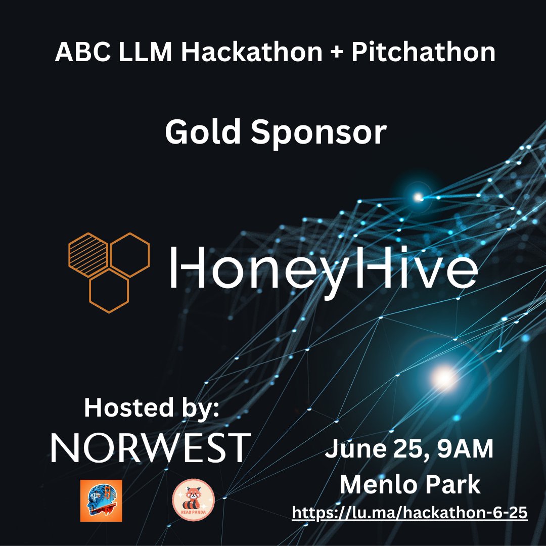 So glad <a href="/honeyhiveai/">HoneyHive</a> is going to be a Gold Sponsor at the "Anything But Chatbots" hackathon + pitchathon on Sunday, June 25th at <a href="/NorwestVP/">Norwest</a> hosted by @GAICollective and <a href="/ReadPandaOrg/">Read Panda 🟥🐼</a> . Just a few days left to sign up! You don't want to miss it! lu.ma/hackathon-6-25