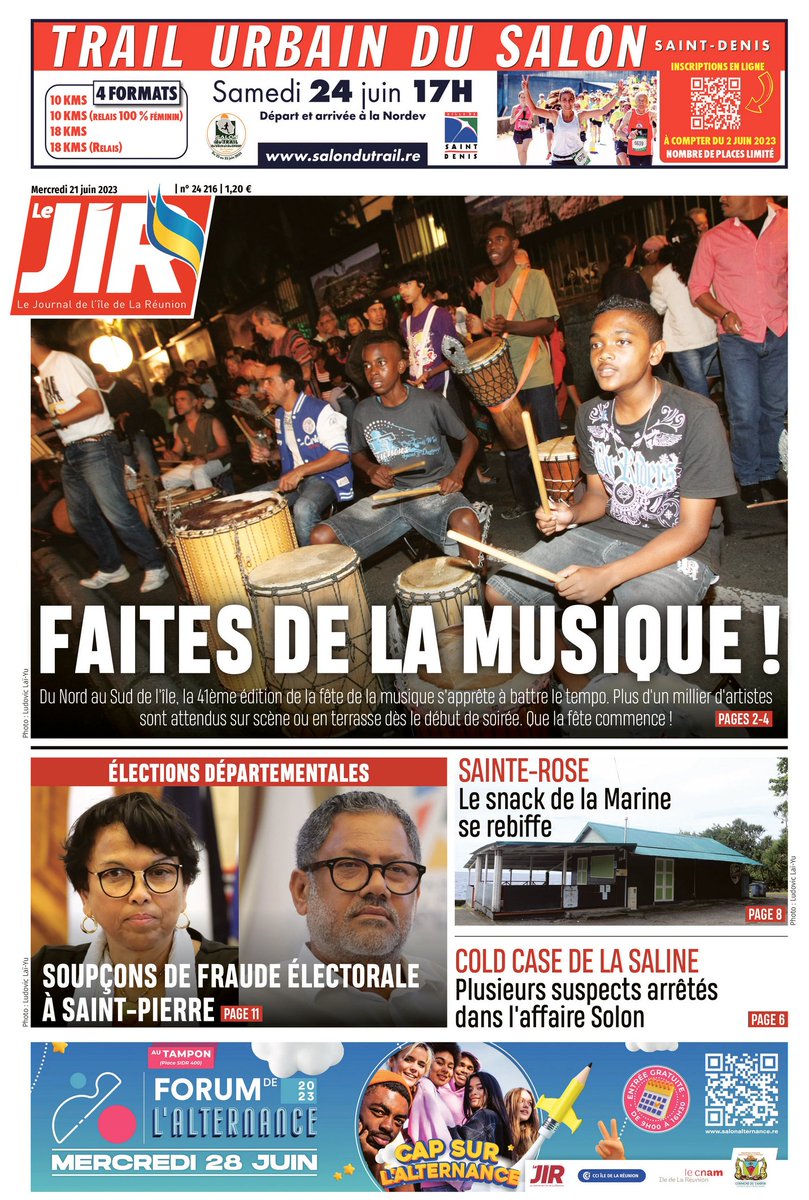 A la une du JIR : La fête de la musique. Plus d'un millier d'artistes sont attendus sur scène ou en terrasse dès le début de soirée. 

Un dossier à retrouver en ligne :
clicanoo.re/abonnements