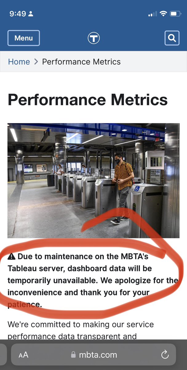 JimKempf3's tweet photo. Hey, @MBTA, @maura_healey… hearing a lot of complaints about s-l-o-w service and long waits on the T, so thought I’d check MBTA’s own metrics
… server down at least 2 days so far
… probably copied from a Redline announcement https://t.co/REppZ6dJBP