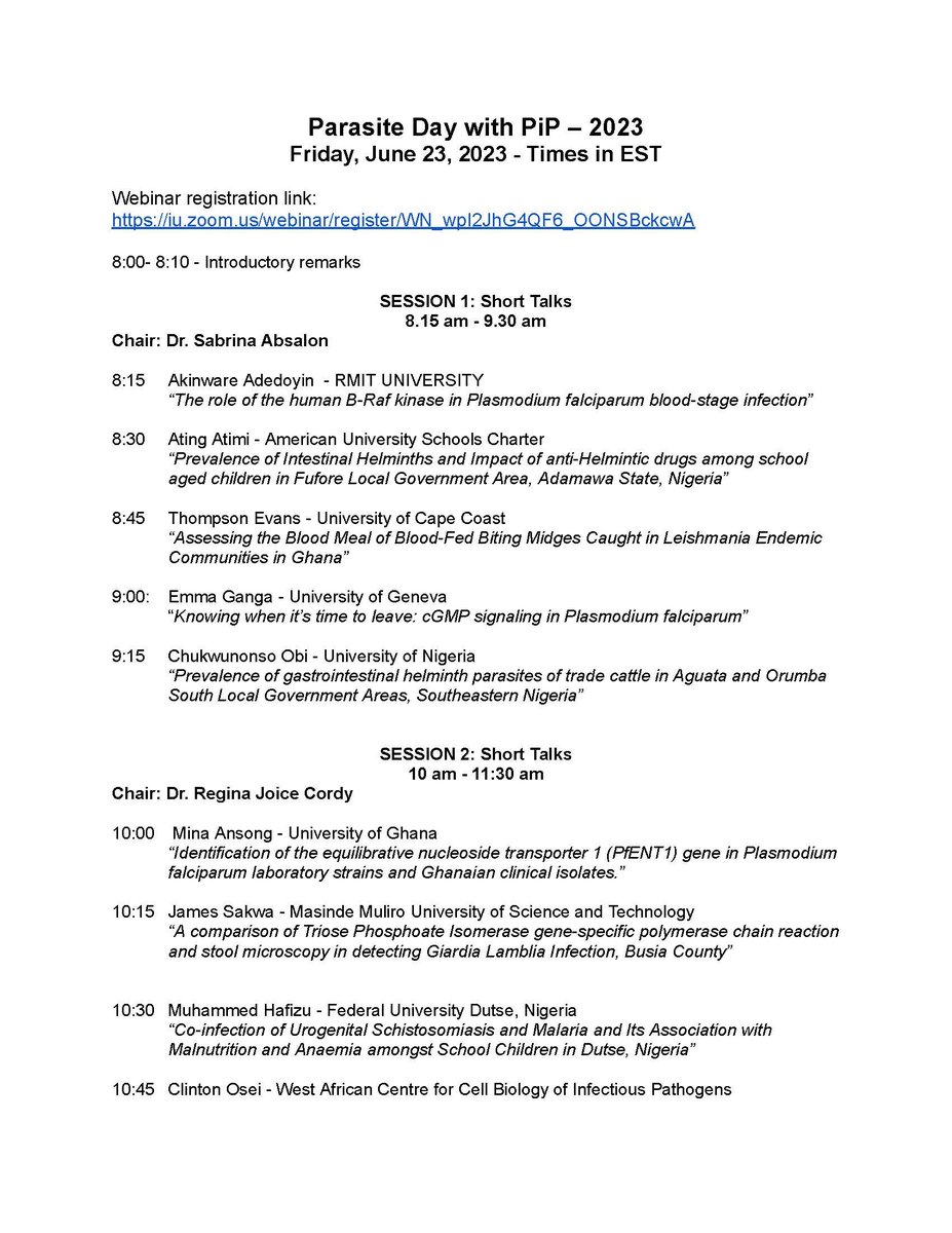 PEERs in Parasitology (PiP) (@piparasitology) on Twitter photo THEM: What are you doing this Friday at 8am?
US: Attending Parasite Day with PiP ... obviously.
#PiP2023
Check out these amazing slate of trainee speakers sharing their research on #plasmodium #helminths #leishmania #giardia #schistosomiasis
<a href="/sabrina_absalon/">Sabrina Absalon</a> <a href="/rejoicePhD/">Regina Joice Cordy</a> THEM: What are you doing this Friday at 8am?
US: Attending Parasite Day with PiP ... obviously.
#PiP2023
Check out these amazing slate of trainee speakers sharing their research on #plasmodium #helminths #leishmania #giardia #schistosomiasis
<a href="/sabrina_absalon/">Sabrina Absalon</a> <a href="/rejoicePhD/">Regina Joice Cordy</a>