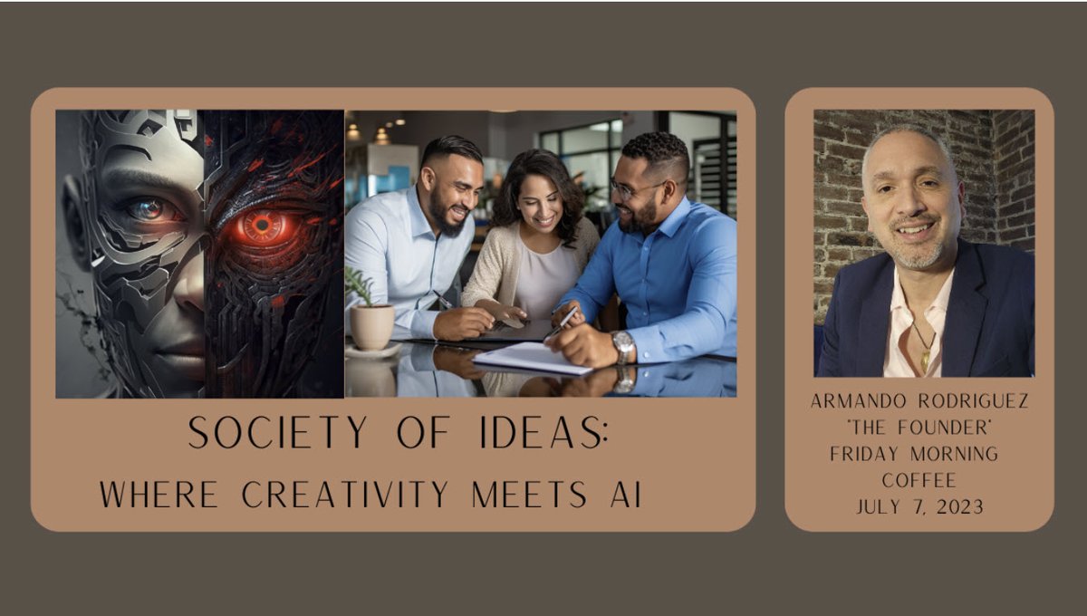 confidentcnectr's tweet photo. @InnovatPasadena @ipFridayCoffeeMeetup w/ Armando Rodriguez - Society of Ideas: Where Creativity Meets the Power of #AI

07Jul23 8:30 AM RSVP: https://t.co/wPqiJSPa0Y
#itsamovement #100days100lives #trainingAI #chatgpt #midjourney  #genereativeAI #conversationalAI #societyofIdeas https://t.co/XUIJQSSffz