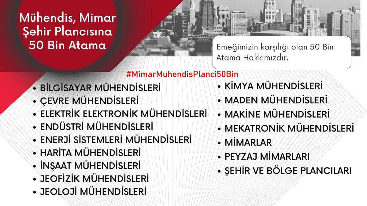 Sayın Bakanlarımız,  bu bayram çifte bayram yaşamak için atama müjdelerimizi bekliyoruz. 16 branş olarak çok heyecanlıyız. 
#MuhendisMimarPlanci50Bin <a href="/Mahi_Nur/">Mahi_Nur</a> <a href="/mehmetozhaseki/">Mehmet Özhaseki</a> <a href="/aBayraktar1/">Alparslan Bayraktar</a> <a href="/memetsimsek/">Mehmet Simsek</a> <a href="/mfatihkacir/">Mehmet Fatih KACIR</a> <a href="/AliYerlikaya/">Ali Yerlikaya</a> <a href="/MehmetNuriErsoy/">Mehmet Nuri Ersoy</a> <a href="/drfahrettinkoca/">Dr. Fahrettin Koca</a> <a href="/omerbolatTR/">Prof. Dr. Ömer Bolat</a>