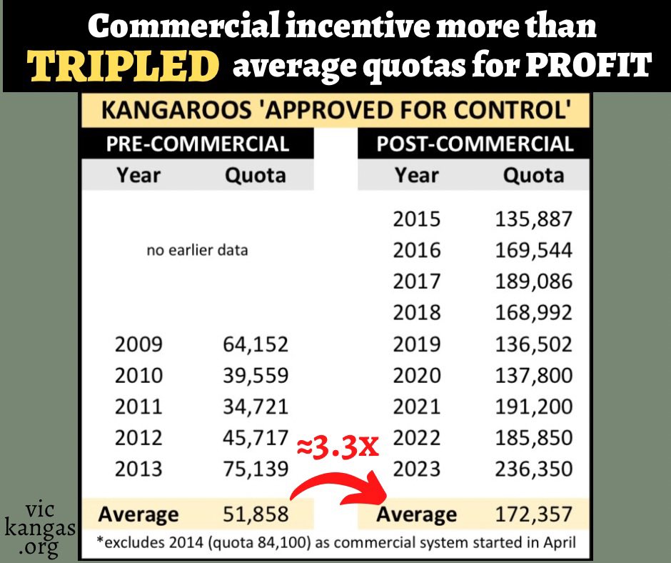 @abcnews In #Victoria the average combined quotas have more than tripled since the commercialisation of #kangaroo slaughter. It is not about reducing waste, it's about profit, and it is actively disincentivising efforts to coexist with #kangaroos. 

#stopkillingkangaroos #endwildlifetrade