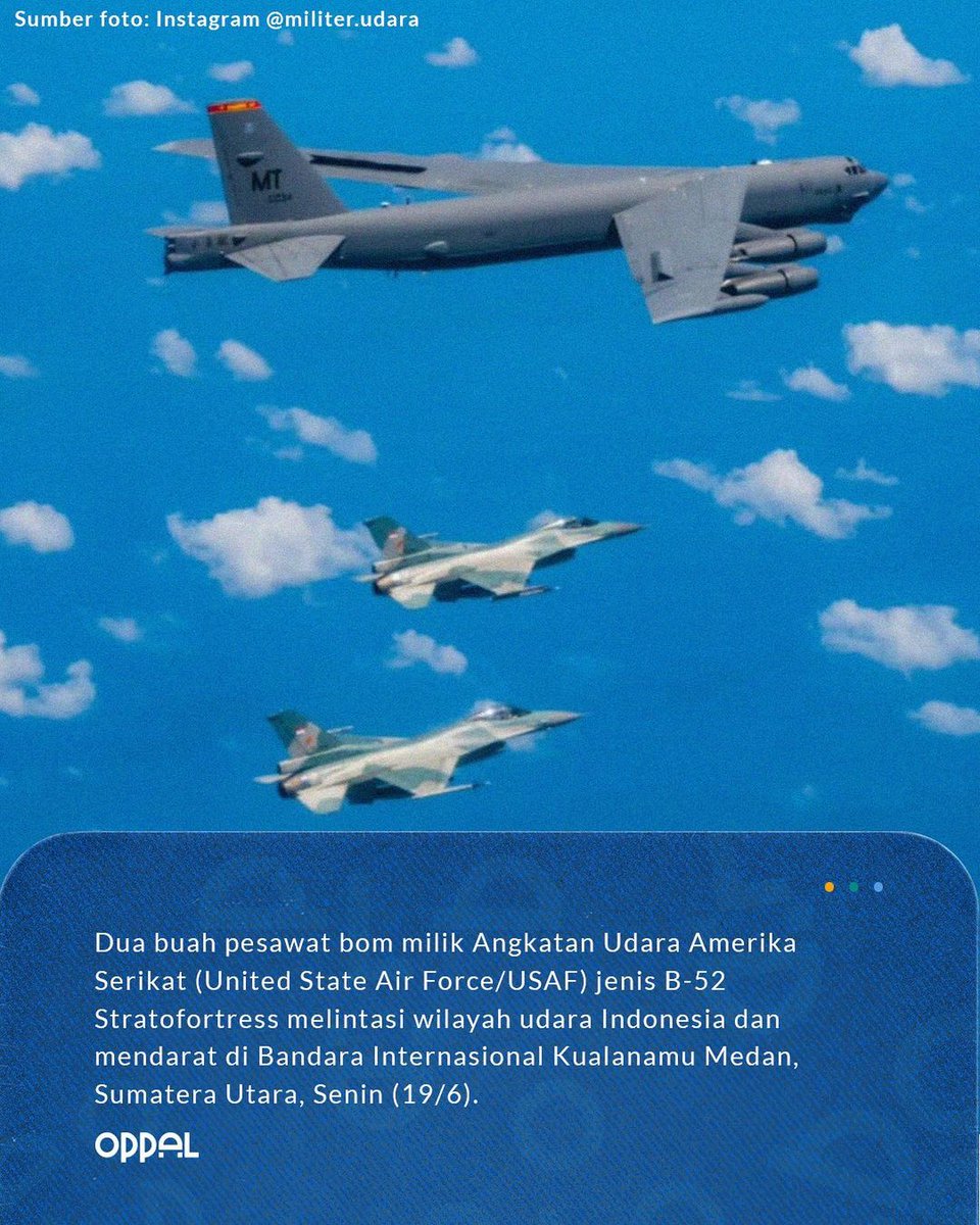 oppal_id's tweet image. Pesawat Bomber milik Amerika Serikat B-52 Stratofortress baru aja mendarat di Indonesia, gengs. Katanya, ini merupakan kali pertama pesawat bom tersebut menyentuh landasan di Indonesia!

Wah, bakal ada kegiatan menarik apa ya gengs? Cari tahu di postingan ini, yuk!😍

#oppal