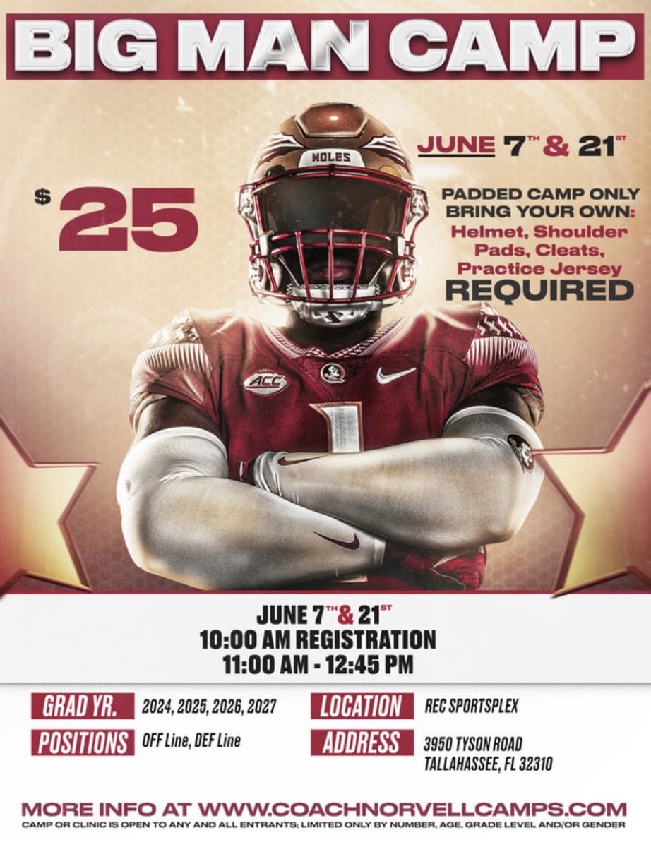 I will be at FSU tomorrow for the big man camp @BrunswickFB @CoachGGrady