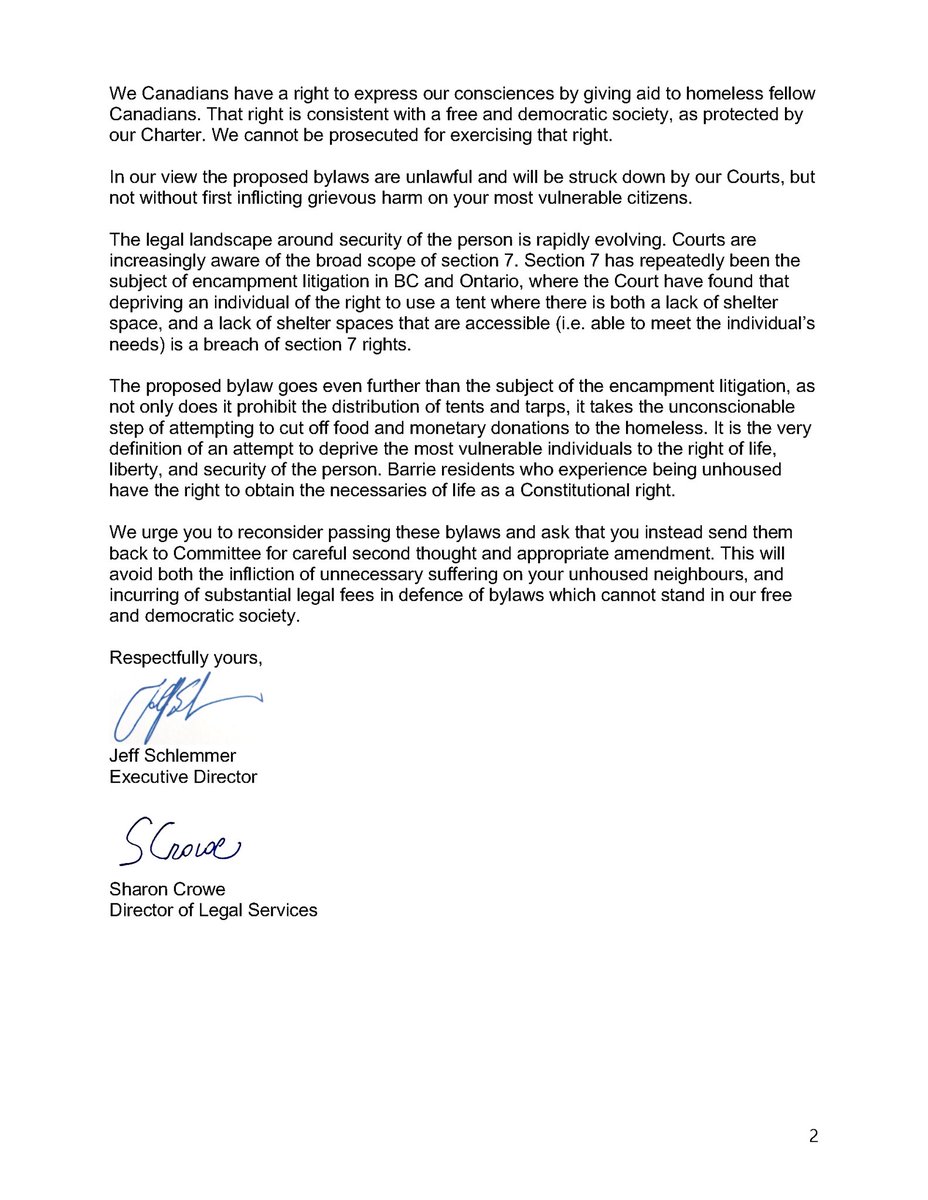 Community Legal Clinic of York Region and Shannon Down (lead counsel on a recent case upholding the rights of homeless residents in Waterloo Region) have written to #Barrie City Council asking to reconsider by-laws banning people from providing help on public property