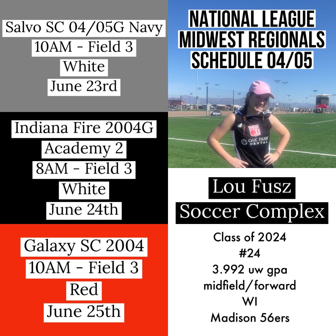 I was invited to play with my 04/05 Club Team in the Midwest Regional Championships this week in St. Louis!! Here is our schedule, hope you can make it! @Madison56ersSC
