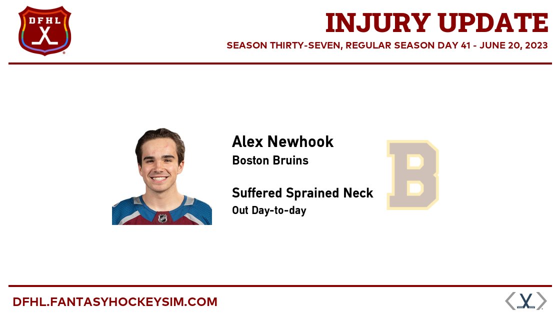 #DFHL Injury Update:

Alex Newhook (BOS) suffered sprained neck, out day-to-day

dfhl.fantasyhockeysim.com/players/alex-n…

#FantasyHockey #SimHockey #FakeHockey #SimulatedHockey