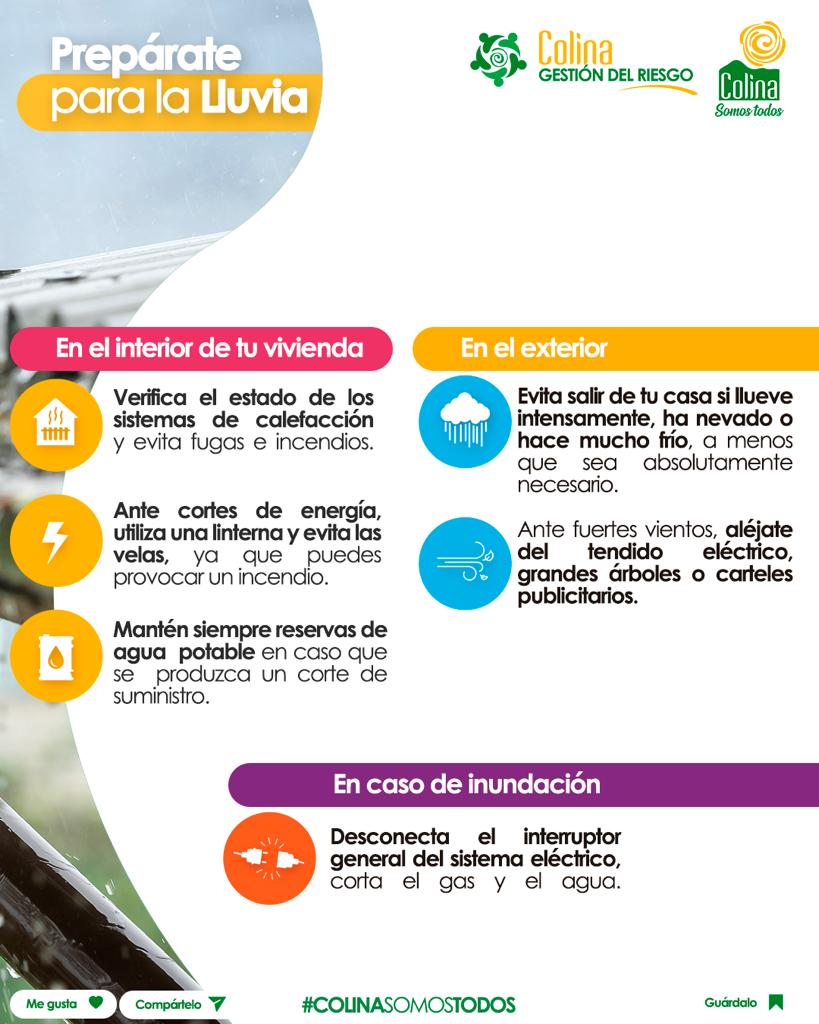 ⛈️☔𝗣𝗥𝗘𝗣𝗔́𝗥𝗔𝗧𝗘 𝗣𝗔𝗥𝗔 𝗟𝗔 𝗟𝗟𝗨𝗩𝗜𝗔
Te dejamos recomendaciones para que evites los efectos negativos de las precipitaciones en tu hogar y con tu familia.
#ColinaSomosTodos
<a href="/imvalenzuela/">Isabel Valenzuela</a>