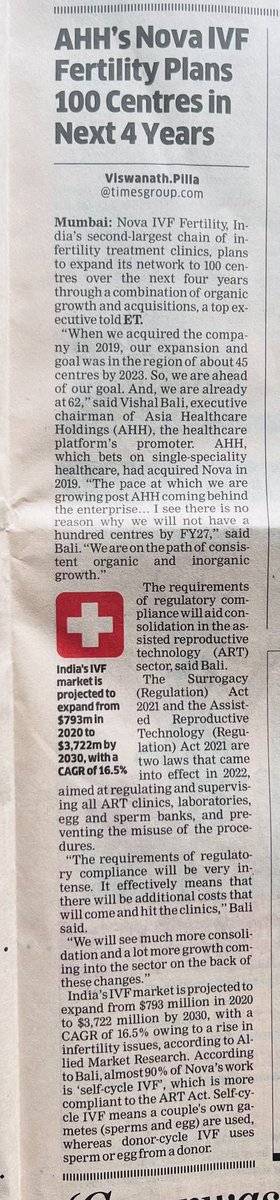 Now NOVA - India’s 2nd Largest sets aspirational target of 100 Centres !

#IVF